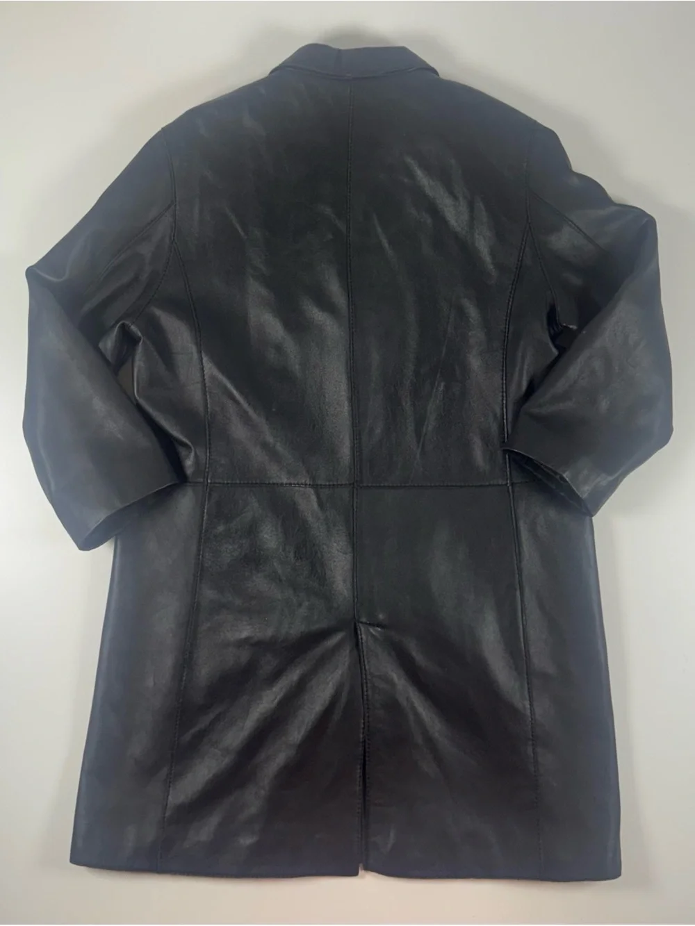 Men's Black Leather Button-Front Trench Coat